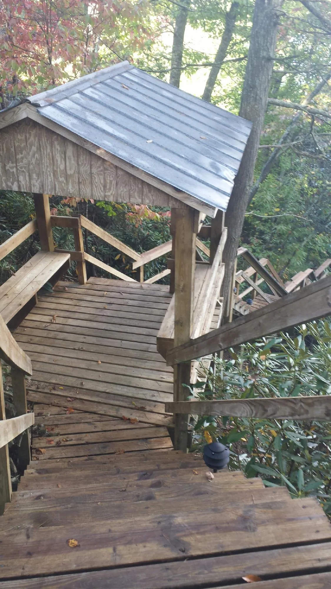 Metal roofed shelter over wooden steps on a wooded walkway in Ruckersville